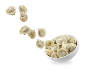 Tasty boiled dumplings (pelmeni) and bowl in air against white background