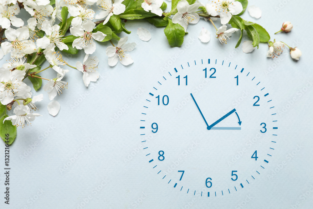 Poster clock and blossoming branch with white flowers on light blue background. arrow showing time change o