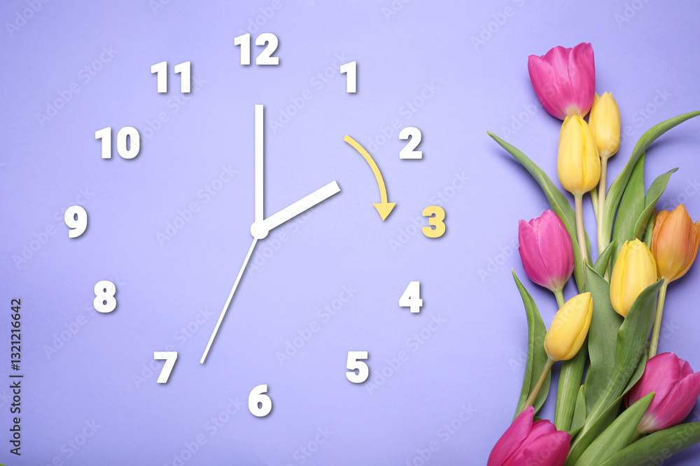 Poster clock and flowers on violet blue background, top view. arrow showing time change one hour ahead in s
