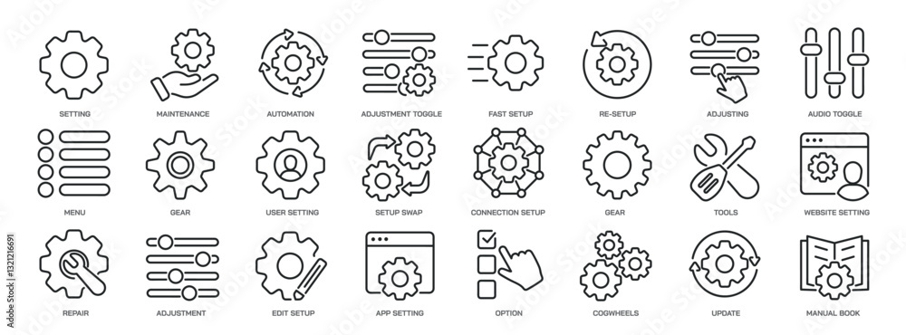 Poster set of collection line icons related setting, configuration, repair, setup. editable stroke. perfect