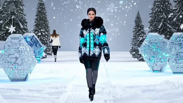 Winter Fashion Runway: A stylish model confidently strides down a snow-covered runway amidst winter decorations and showcasing high-fashion apparel, embodying elegance and the season's allure. 