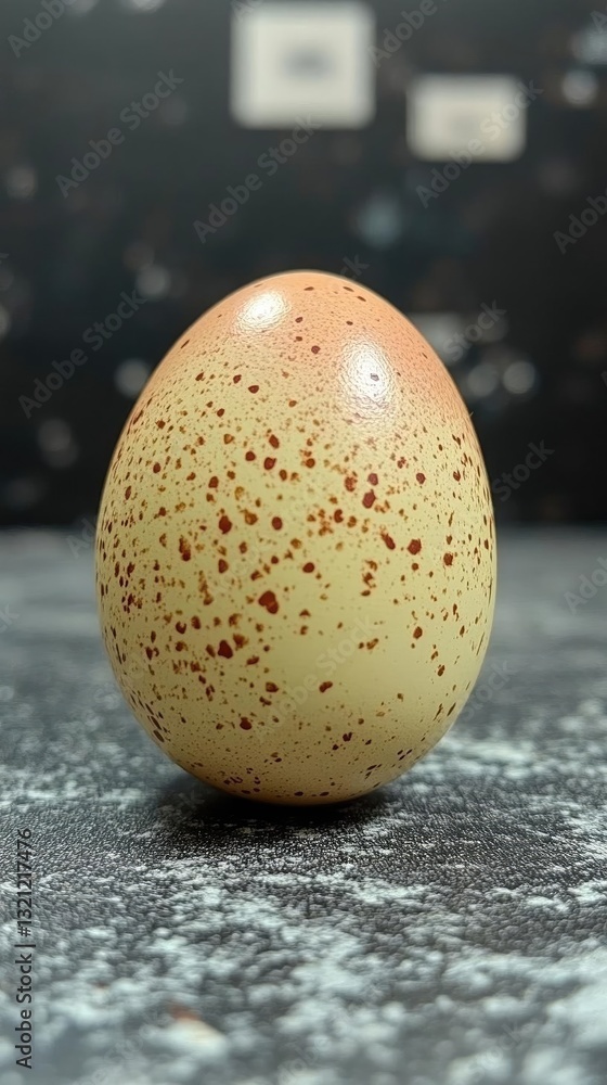 Poster speckled egg resting on a textured surface with a blurred background, showcasing its unique pattern