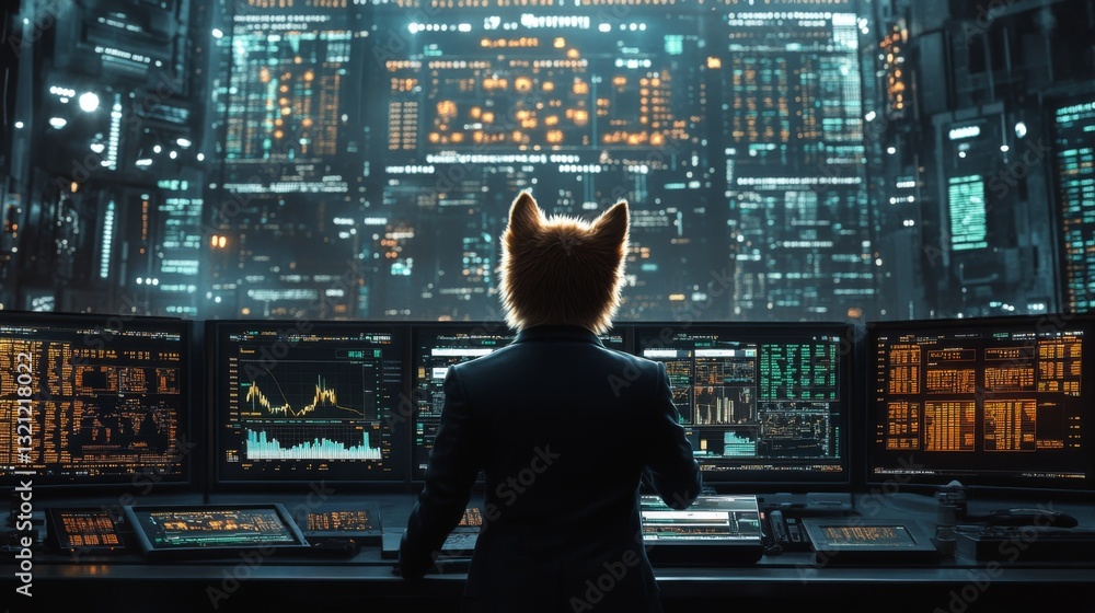 Poster A character wearing a fox head is focused on numerous digital screens displaying complex data in a high-tech workspace. The glowing backdrop highlights the advanced technology.