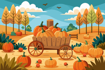 autumn pumpkin patch with scattered hay bales, and a wooden cart filled with pumpkins.