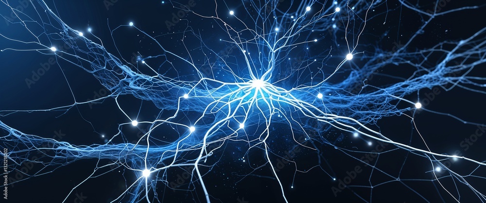 Poster white neural network neuron connection blue dark background motion and energy concept modern and fut