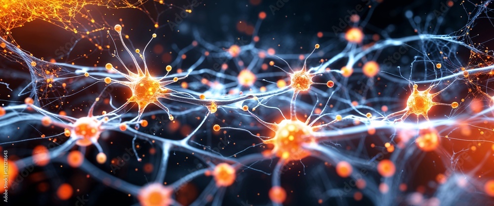 Poster white neural network neuron connection orange dark background motion and energy concept modern and f