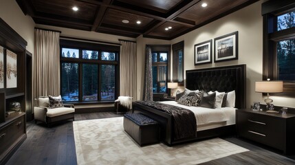 Elegant Bedroom Interior with Dark Wood Accents and Forest View