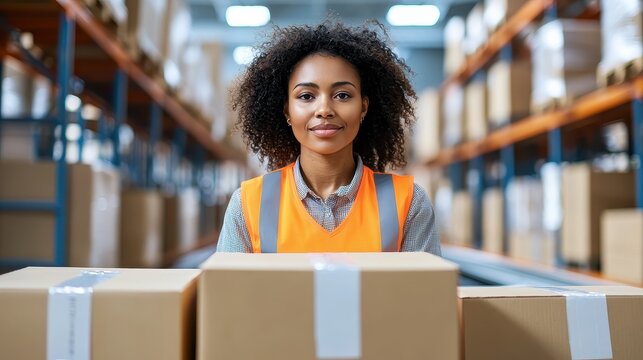 Warehouse worker in safety vest standing in front of conveyor belt with boxes. Concept of logistics, delivery, and distribution.