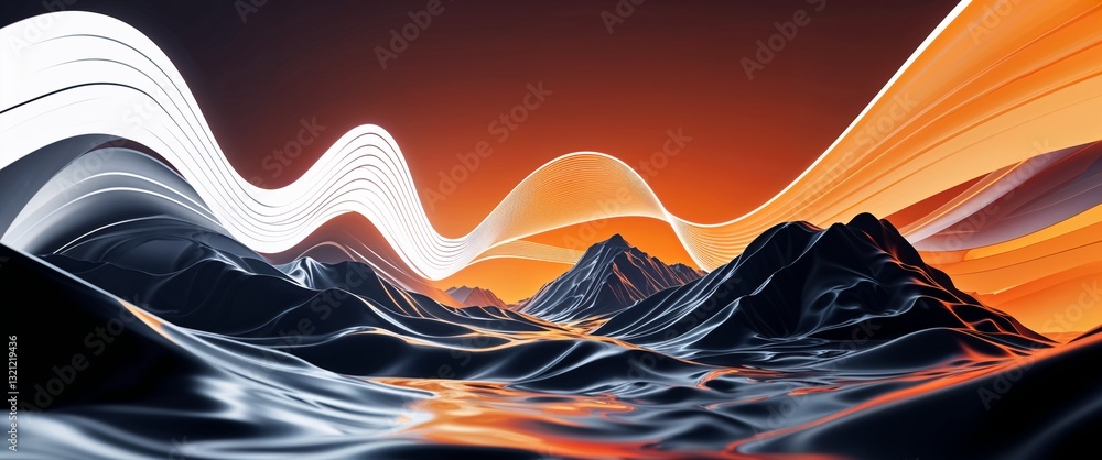 Poster white wave curve light rays on orange dark background motion and energy concept modern and futuristi
