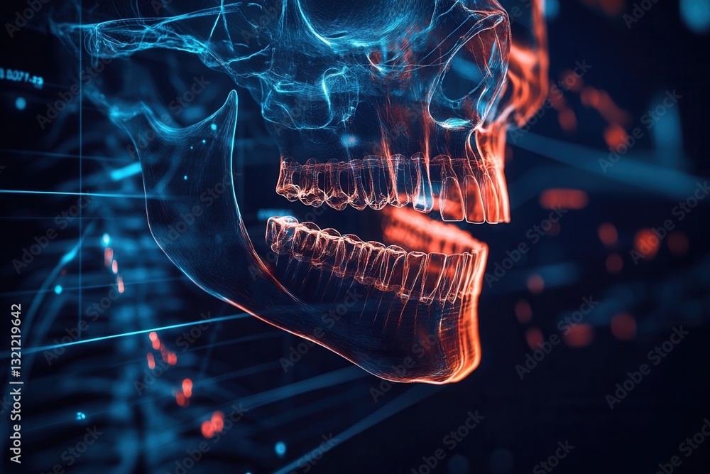 Poster detailed x-ray representation of a jawbone with dental implants and glowing outlines showcasing prec