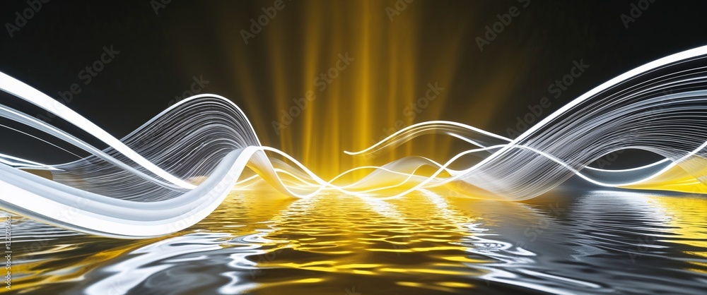 Poster white wave curve light rays on yellow dark background motion and energy concept modern and futuristi