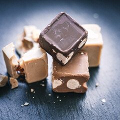 Kontrastreiche Schokopralinen auf dunklem Untergrund – Genuss in Szene gesetzt