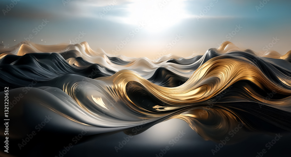 Leinwandbilder Abstract waves of black and gold flow and ripple under a bright light source. The surface is smooth and reflective, creating a dynamic and elegant scene.