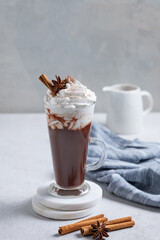 Hot chocolate with whipped cream, cinnamon and spices in a tall glass on a light background with ilk jug.