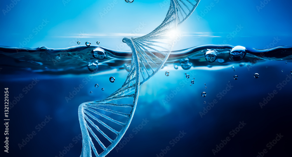 Poster a dna helix structure is partially submerged in clear blue water, reflecting light and creating a se