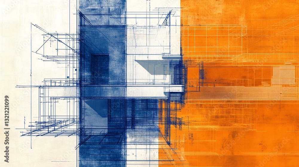 Poster abstract architectural wireframe rendering in blue and orange