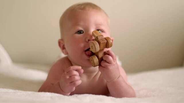 smiling infant baby lies on their tummy, looking up with bright eyes, Cild face expresses pure joy and curiosity, baby emotions, childhood happiness, home comfort