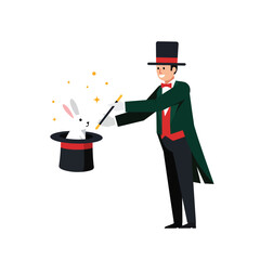 Magician performing a magic trick with a rabbit in a top hat, flat vector art