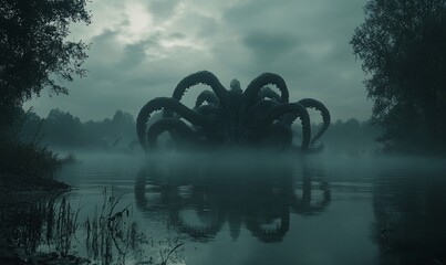 Eerie encounter, colossal octopus emerges from misty lake waters on foggy day