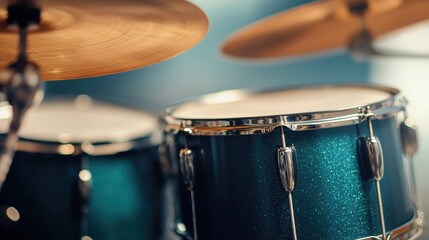 Fototapeta premium Close up of a drum kit with blue drums and golden cymbals. Musical instruments for music and rhythm.