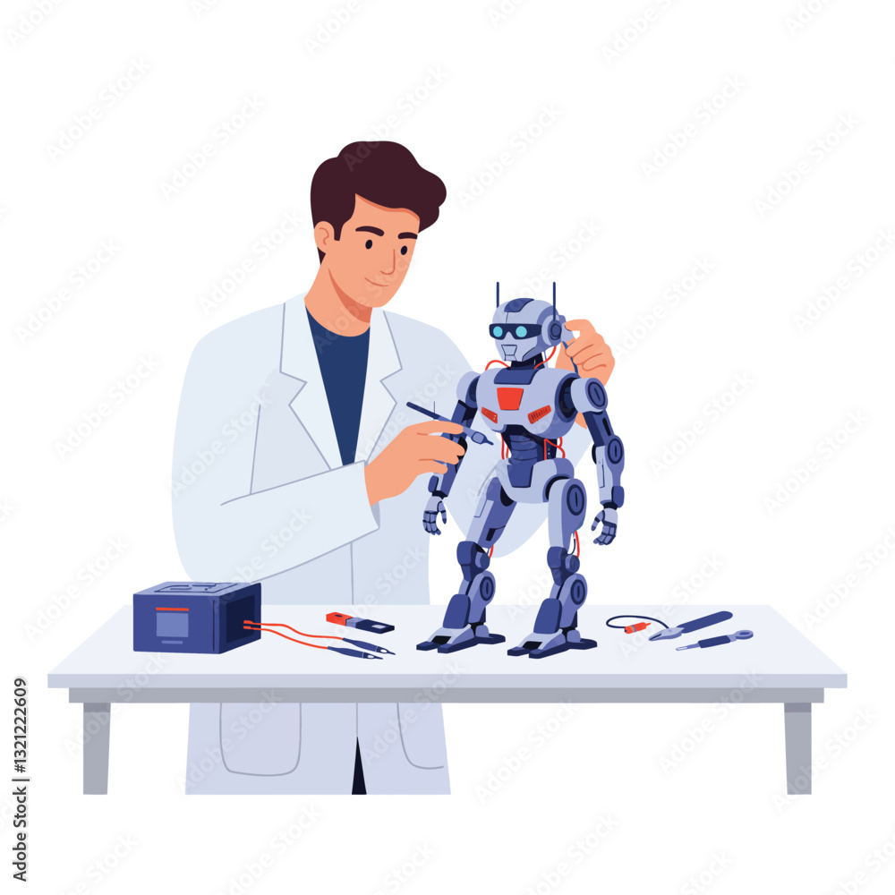 Poster robot assembly process with scientist adjusting components in flat vector art