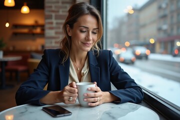 middle-aged businesswoman relaxing in a café after a stressful working day
