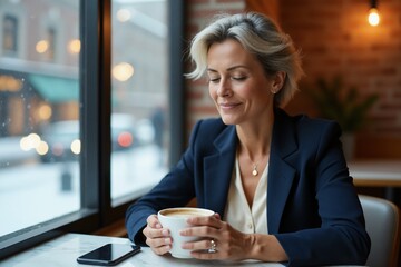 middle-aged businesswoman relaxing in a café after a stressful working day
