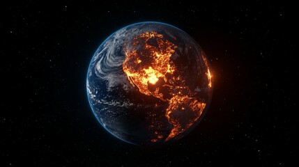 Fototapeta premium The Earth engulfed in fiery explosions, its surface breaking into fragments 