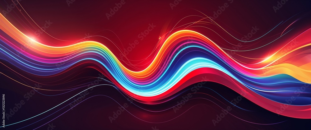 Poster colorful wave curve light rays on red dark background motion and energy concept modern and futuristi