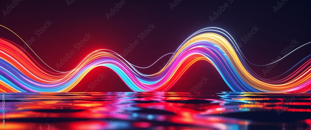 Poster colorful wave curve light rays on red dark background motion and energy concept modern and futuristi
