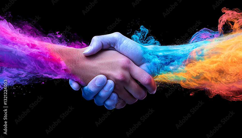 Poster dynamic handshake symbolizing unity abstract art studio colorful smoke close-up collaboration concep