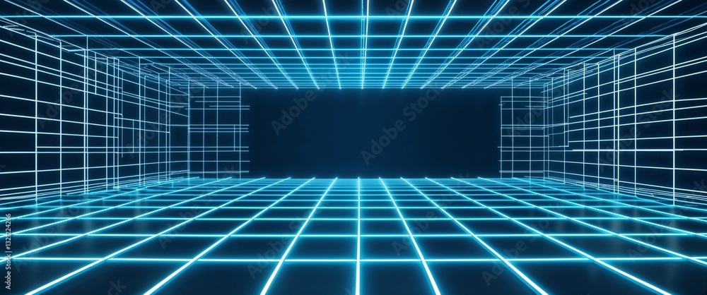 Poster cyan mesh grid glowing light rays on cyan dark background motion and energy concept modern and futur