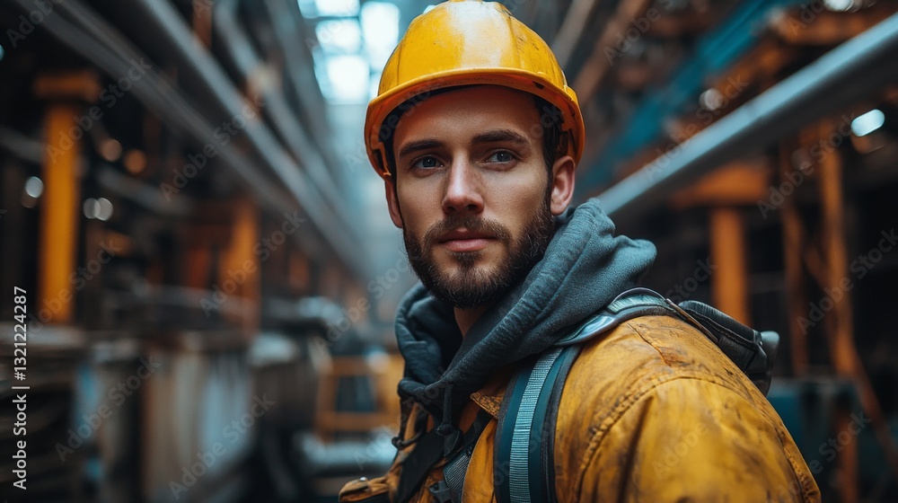 Leinwandbilder a worker wearing a helmet and a hooded jacket stands in a large steel manufacturing facility. the ba