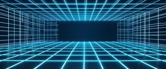 Obraz premium cyan mesh grid glowing light rays on cyan dark background motion and energy concept modern and futuristic digital abstract artwork background