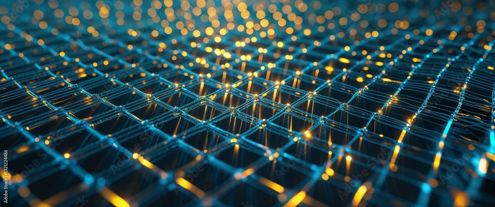 Aufkleber cyan mesh grid glowing light rays on yellow dark background motion and energy concept modern and futuristic digital abstract artwork background