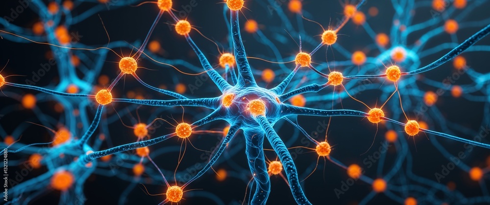 Poster cyan neural network neuron connection orange dark background motion and energy concept modern and fu