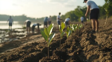 a group of people planting young trees in a row.