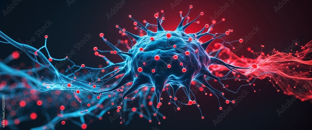 Poster cyan neural network neuron connection red dark background motion and energy concept modern and futur