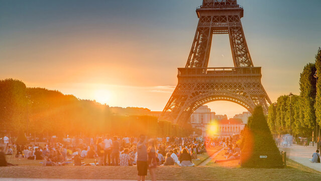 Eiffel Tower seen from Champ de Mars at sunset timelapse, Paris, France