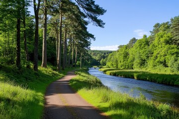 Fototapeta premium A serene path runs alongside a river, bordered by lush greenery and tall trees under a clear blue sky.