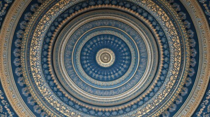 Intricate Circular Mandala Design: Blue and Gold Ornate Pattern