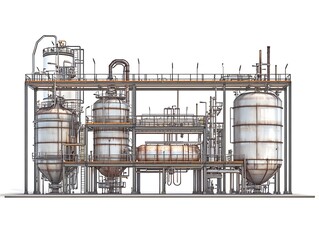 Industrial Infrastructure: A detailed representation of a complex industrial facility, showcasing metallic tanks, pipes, and structures, likely involved in refining or processing operations