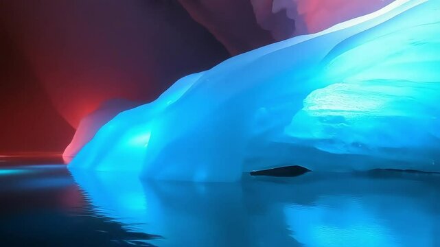  an iceberg  and  a small boat  in a dark room