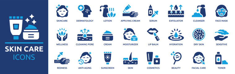 Skin care icon set. Containing cosmetics, cream, lotion, skincare, dermatology, facial care, serum, cleanser, beauty and more. Solid vector icons collection.