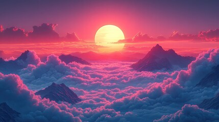 Sunrise over mountain peaks through clouds. Scenic view. Possible use Stock photo