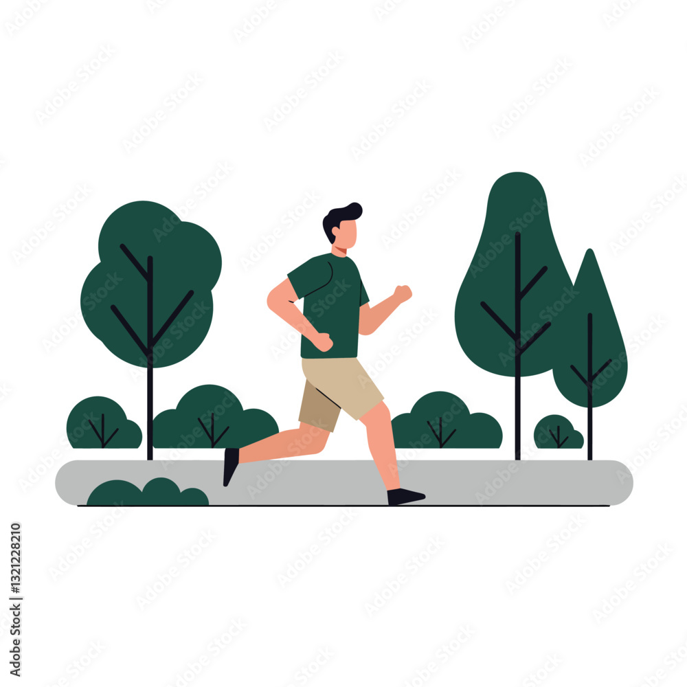 Poster running man in a park with trees in flat vector art style vector illustration