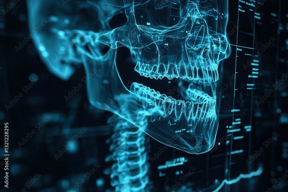 Aufkleber detailed blueprint of a jawbone with implants illuminated against a dark medical background featurin