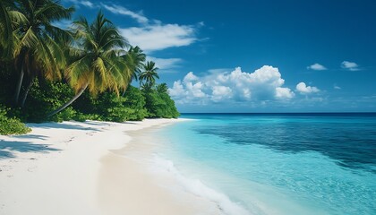Idyllic tropical beach with palm trees and turquoise water.