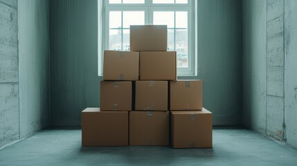 Stack of cardboard boxes in an empty room. Concept of moving, storage, delivery, and relocation.