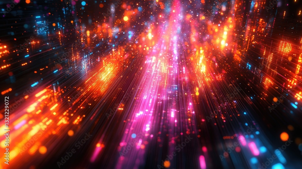 Poster abstract digital city glowing light rays. possible stock use displaying a futuristic urban scene